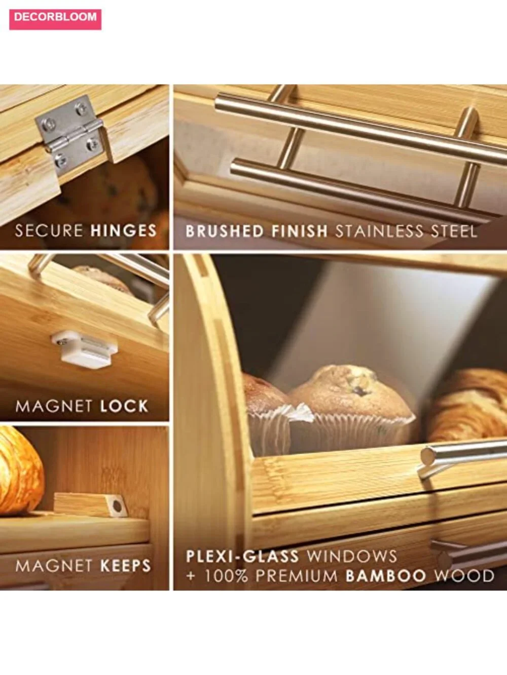 Extra Large 2 Shelf Bamboo Bread Box for Kitchen Countertop, Ventilated with